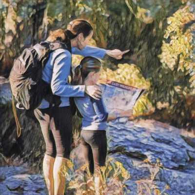 Visual representation of a mother and daughter viewing a map while viewing wildlife in a natural habitat.